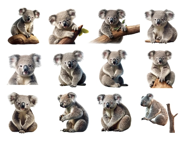 Colección Koala aislada en un fondo blanco con IA generada