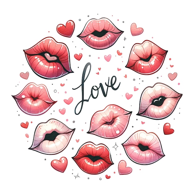 Colección de labios con caligrafía de amor rodeados de corazones