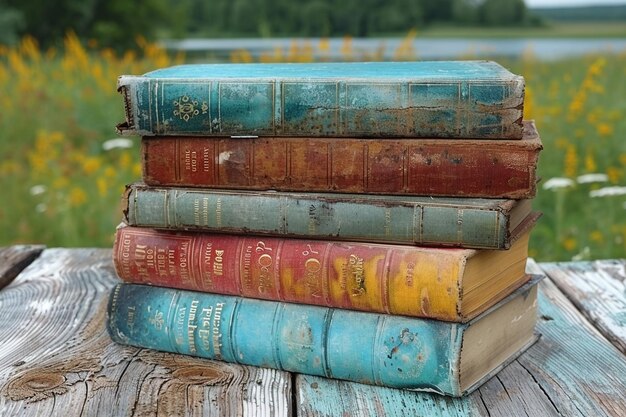 Foto una colección de libros antiguos apilados en una mesa de madera