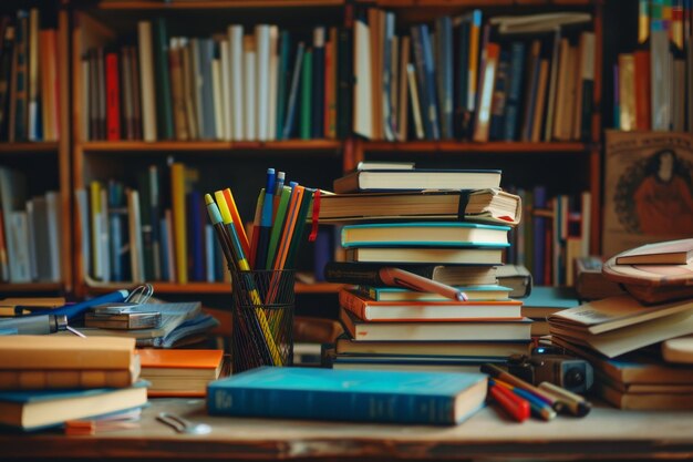 Una colección de libros apilados en una mesa de madera que forman una torre de conocimiento e imaginación