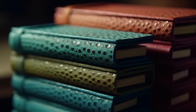 La colección de libros encuadernados en cuero antiguo cubre la mesa en una librería antigua generada por IA