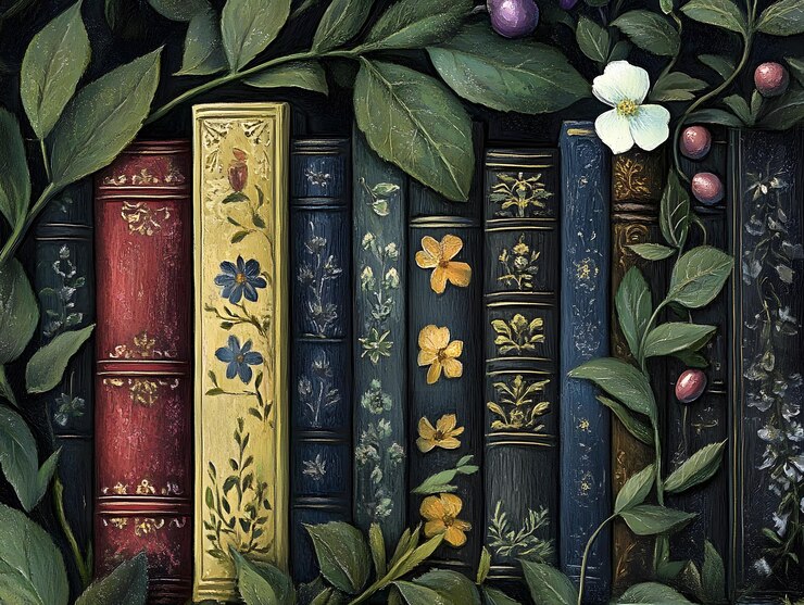 una colección de libros con flores y hojas en ellos