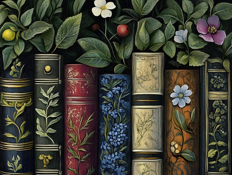 una colección de libros con flores y las palabras el título en la parte inferior