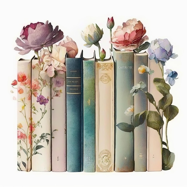 Una colección de libros con flores en la parte superior.