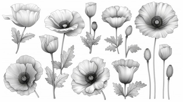 Foto esta colección de líneas modernas en blanco y negro presenta ilustraciones de hojas de flores silvestres de amapola. la obra de arte se puede utilizar como ilustración de diseño para imprimir logotipos, cosméticos, carteles, tarjetas y