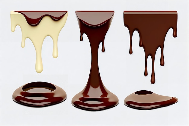 Foto colección de líquido de chocolate derretido que fluye hacia el suelo aislado sobre fondo blanco ai generativo