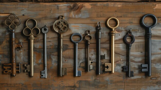 Colección de llaves antiguas en fondo de madera