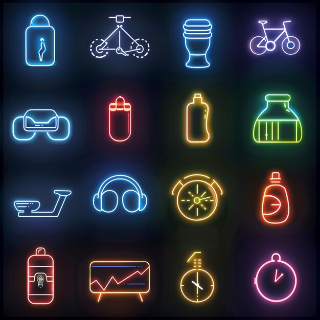 una colección de luces de neón con algunos artículos, incluida una bicicleta, una bicicleta y una botella de leche