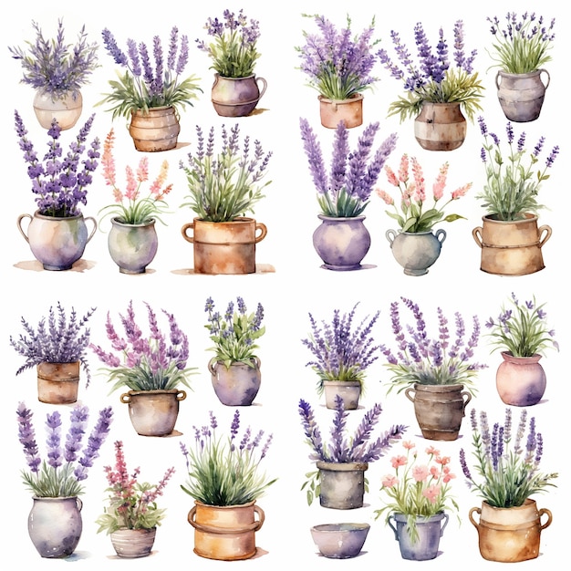 Colección de macetas de lavanda acuarela