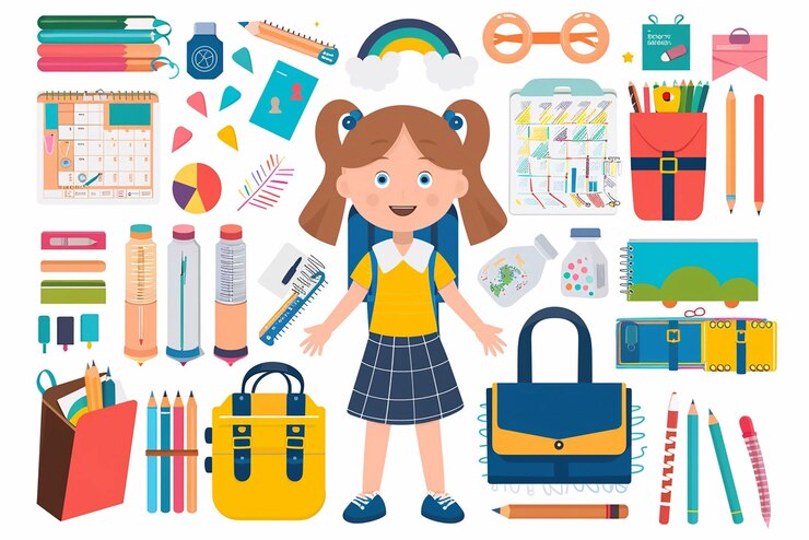 Foto colección de materiales escolares y una niña sonriente preparada para aprender la ilustración vectorial en un diseño plano en blanco