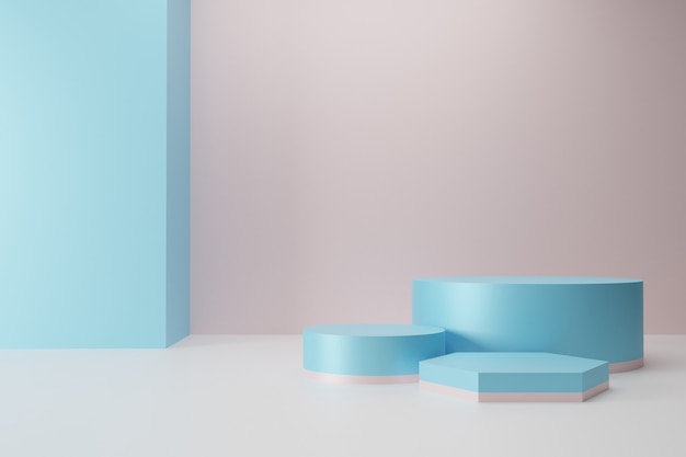 Colección mínima de podio azul rosa sobre fondo abstracto 3d render