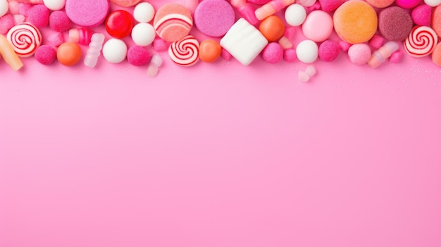 Colección mixta de caramelos de colores sobre fondo rosa en la vista superior