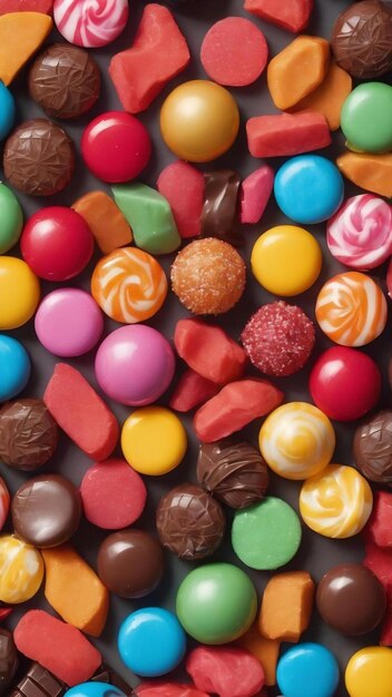 Colección mixta de dulces coloridos en fondo plano de fondo plano vista superior marco de chocolate colorido