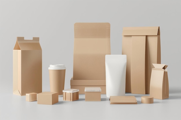 Colección de modelos de envases ecológicos con materiales biodegradables y reciclables sostenibles para la marca y la identidad del producto en fondos neutrales