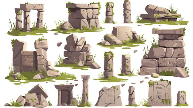 En esta colección moderna de dibujos animados encontrará ruinas de construcciones antiguas medievales piedras y columnas con reliquias de hierba de civilizaciones antiguas
