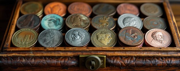 Colección de monedas preciosas en el fondo