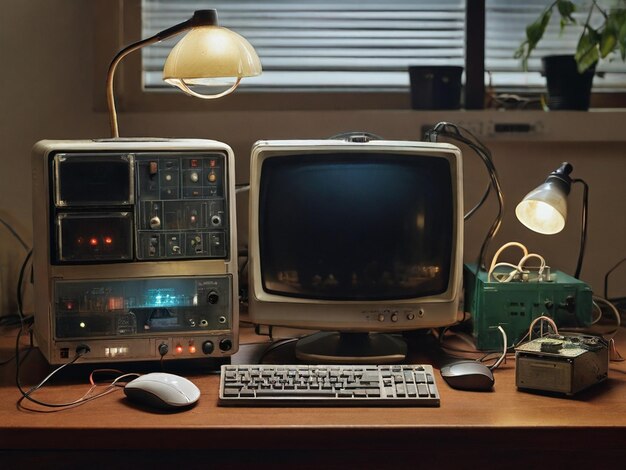 Una colección de monitores electrónicos un ratón y una lámpara