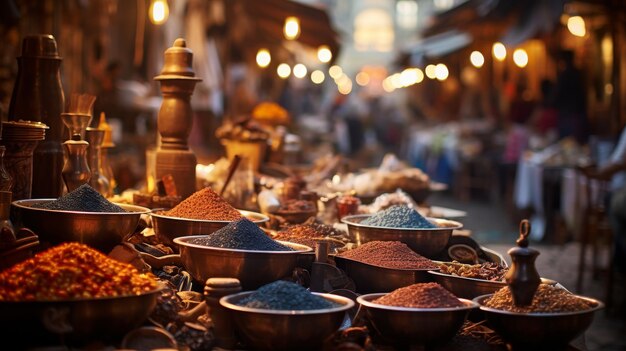 Una colección de muchos cuencos llenos de una variedad de especias aromáticas