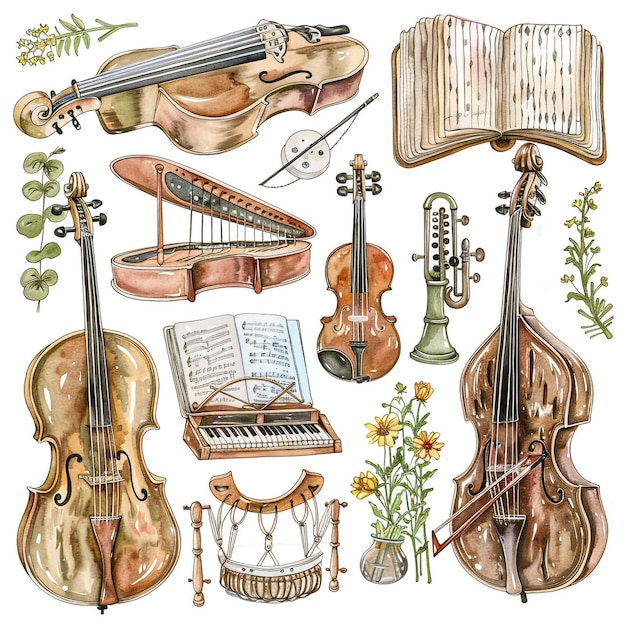 Foto una colección de música e ilustraciones musicales, incluido un violín y un violín