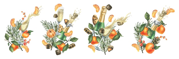 Colección navideña con levitación mandarinas dulces especias champán y plantas acuarela