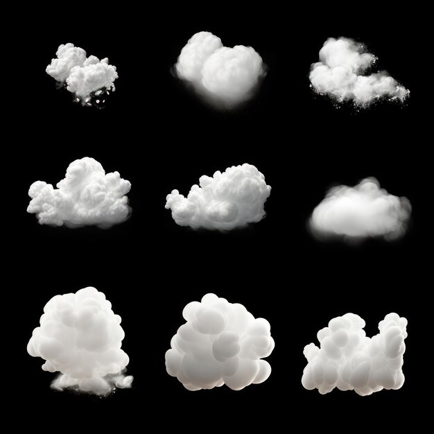 Colección de nubes blancas sobre un fondo negro