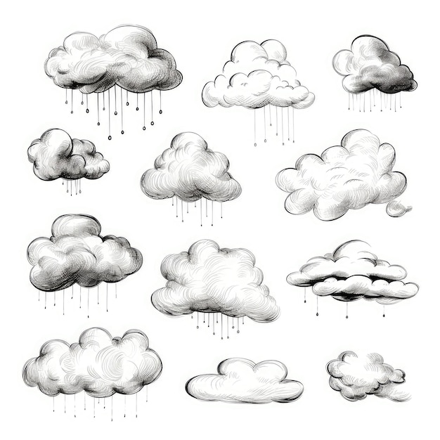 Colección de nubes dibujadas a mano aisladas en blanco Esbozadas nubes de lápiz negro Ilustración de contorno Ilustración generativa de IA