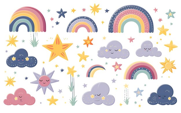 colección de nubes y estrellas de arco iris