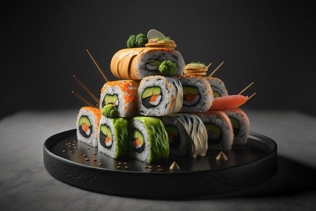 Una colección de nuevos rollos de sushi Los rollos de sushi se apilan en un plato negro único