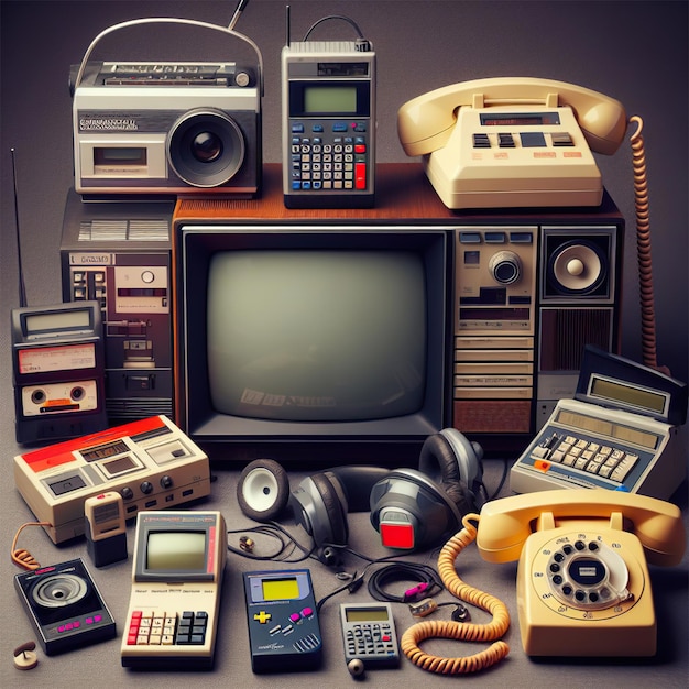 Una colección de objetos electrónicos antiguos de la década de 1980