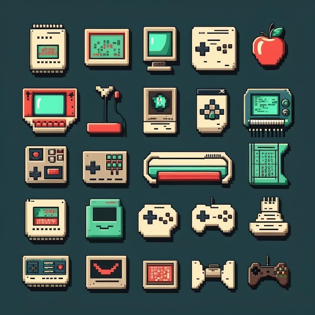 Colección de objetos de iconos de juegos Pixel Art 16 bits 8 bits