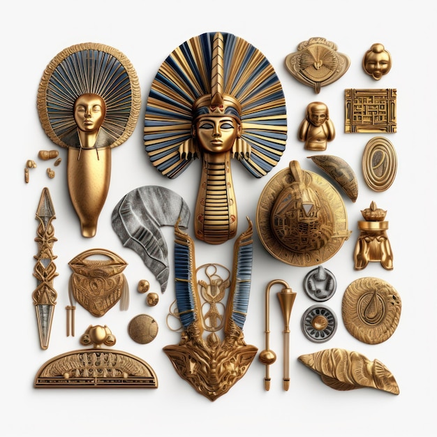 Una colección de objetos de oro que incluyen artículos egipcios y egipcios.