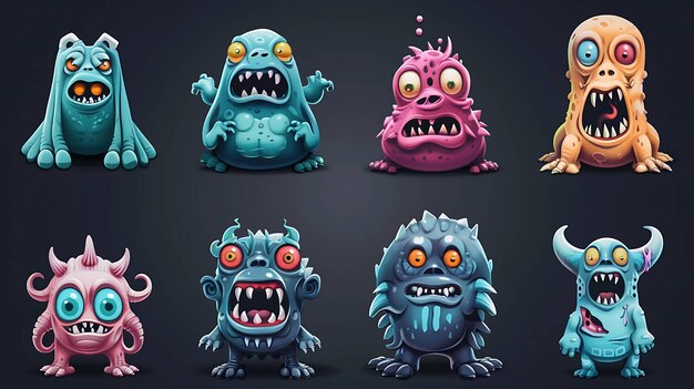 Una colección de ocho monstruos de dibujos animados con diferentes colores y características