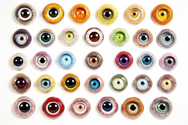 Foto colección de ojos multicolores de diferentes formas y tamaños sobre fondo blanco