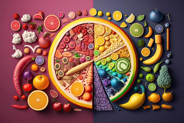 Una colección de opciones de dieta equilibrada y nutritiva que incluye una colorida variedad de frutas, verduras, proteínas magras, cereales integrales Variedad y equilibrio para apoyar un estilo de vida saludable IA generativa