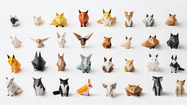 Colección de origami de modelos de animales en una cuadrícula