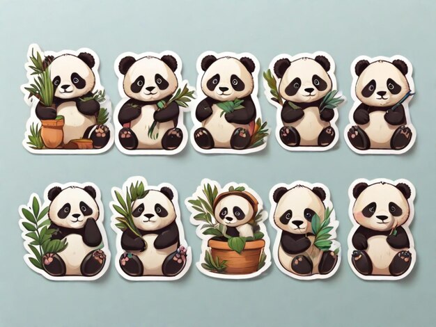 Foto una colección de osos panda con plantas y flores en ellos