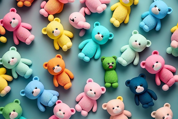 Una colección de osos de peluche coloridos con diferentes colores.
