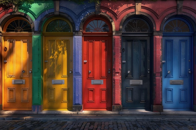 Colección panorámica de colores del arco iris de puertas en Dublín, Irlanda