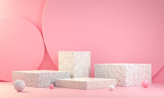 Colección de pantalla de podio de mármol de paso mínimo sobre fondo rosa Render 3d