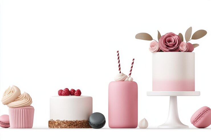 Una colección de pasteles y dulces bellamente decorados en tonos rosados suaves perfectos para celebraciones y amantes de los postres