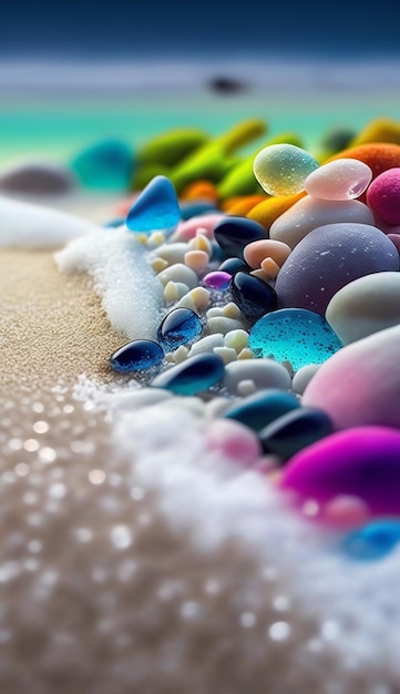 Foto una colección de pastillas coloridas en la playa con un arco iris de colores