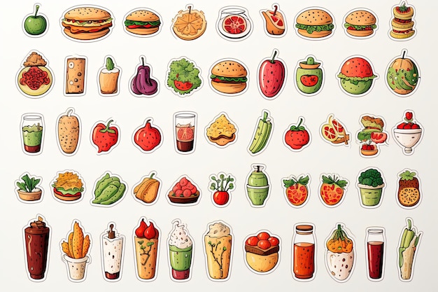 Colección de pegatinas de alimentos dibujadas a mano Ilustración del conjunto de cliparts