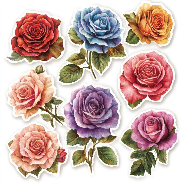 una colección de pegatinas de rosas de diferentes colores