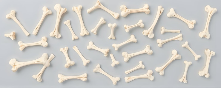Foto una colección de pequeños huesos de juguete blancos esparcidos en una superficie gris claro