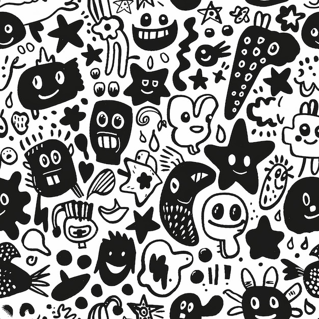 una colección de personajes de dibujos animados lindos y las palabras "Feliz cumpleaños" en la pared