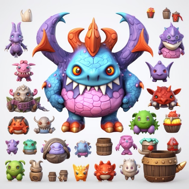 Una colección de personajes incluyendo un monstruo con una boca grande.