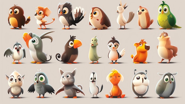 Una colección de personajes de pájaros lindos y coloridos Las aves son de diferentes formas y tamaños y tienen una variedad de características diferentes