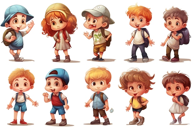 Una colección de personajes que incluye un niño y un niño con sombrero.
