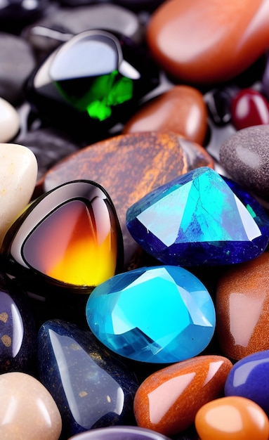 Una colección de piedras de colores, incluida una gema azul.