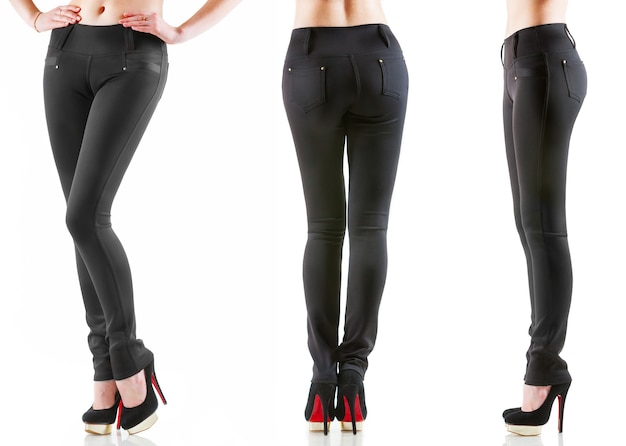 Colección de piernas de mujer en diferentes poses en pantalones pitillo oscuros y zapatos negros de tacón alto